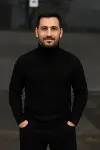 Erkek Balıkcı Yaka Bağazlı Triko Kazak Pamuklu Kalın Fitilli Dokuma, Regular Fit Uzun Kollu Kışlık Model - Siyah-3
