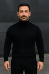 Erkek Balıkcı Yaka Bağazlı Triko Kazak Pamuklu Kalın Fitilli Dokuma, Regular Fit Uzun Kollu Kışlık Model - Siyah-4