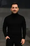 Erkek Balıkcı Yaka Bağazlı Triko Kazak Pamuklu Kalın Fitilli Dokuma, Regular Fit Uzun Kollu Kışlık Model - Siyah-1