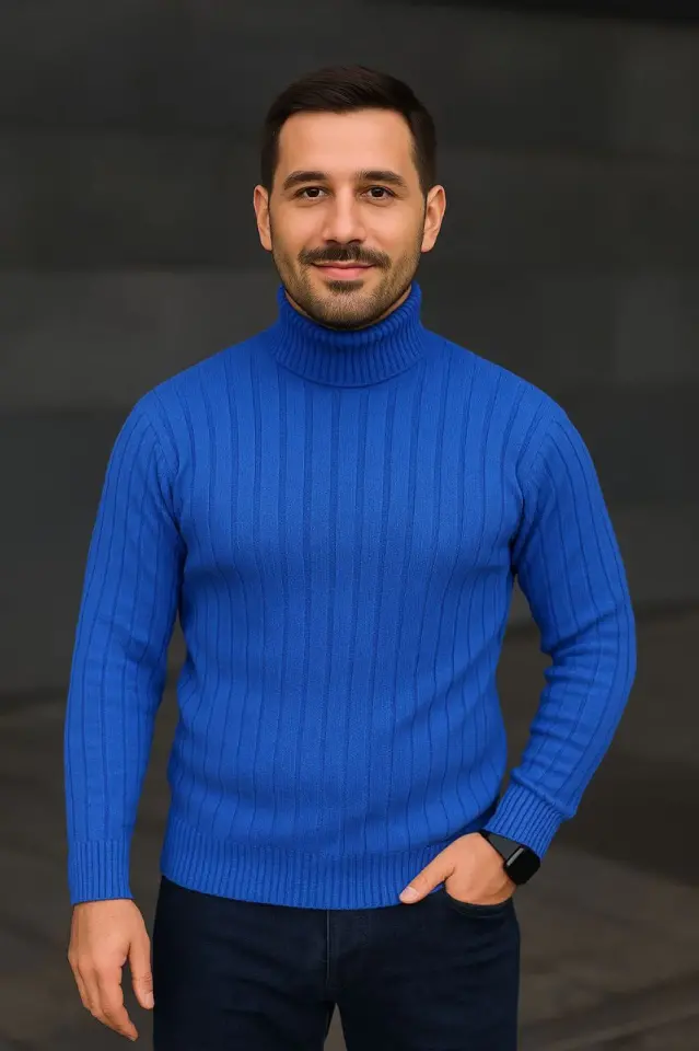 Erkek Balıkcı Yaka Bağazlı Triko Kazak Pamuklu Kalın Fitilli Dokuma, Regular Fit Uzun Kollu Kışlık Model - Saks Mavisi-3