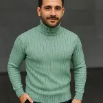 Erkek Balıkcı Yaka Bağazlı Triko Kazak Pamuklu Kalın Fitilli Dokuma, Regular Fit Uzun Kollu Kışlık Model - Mint Yeşili-2
