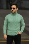 Erkek Balıkcı Yaka Bağazlı Triko Kazak Pamuklu Kalın Fitilli Dokuma, Regular Fit Uzun Kollu Kışlık Model - Mint Yeşili-1