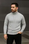 Erkek Balıkcı Yaka Bağazlı Triko Kazak Pamuklu Kalın Fitilli Dokuma, Regular Fit Uzun Kollu Kışlık Model - Gri-4