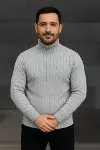 Erkek Balıkcı Yaka Bağazlı Triko Kazak Pamuklu Kalın Fitilli Dokuma, Regular Fit Uzun Kollu Kışlık Model - Gri-1