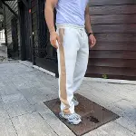 Erkek Üç İplik Kışlık Pamuklu Yandan Garneli Kalın Bej Şeritli Cepli Eşofman Altı - Beyaz-2
