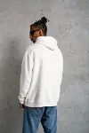Erkek Oversize Kapüşonlu Sweatshirt – Beyaz Renk Üç İplik İçi Pamuklu Kanguru Cepli Baskılı Hoodie Rahat Kalıp Kışlık Günlük Kombinlere Uygun - Beyaz-2
