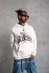 Erkek Oversize Kapüşonlu Sweatshirt – Beyaz Renk Üç İplik İçi Pamuklu Kanguru Cepli Baskılı Hoodie Rahat Kalıp Kışlık Günlük Kombinlere Uygun - Beyaz-3