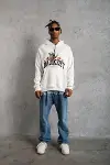 Erkek Oversize Kapüşonlu Sweatshirt – Beyaz Renk Üç İplik İçi Pamuklu Kanguru Cepli Baskılı Hoodie Rahat Kalıp Kışlık Günlük Kombinlere Uygun - Beyaz-4