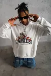 Erkek Oversize Kapüşonlu Sweatshirt – Beyaz Renk Üç İplik İçi Pamuklu Kanguru Cepli Baskılı Hoodie Rahat Kalıp Kışlık Günlük Kombinlere Uygun - Beyaz-1