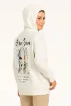 Kapşonlu Sweatshirt – Oversize Üç İplik Şardonlu Hoodie, “Other Lives” Ön - Arka Baskılı, Kanguru Cepli, Kışlık Rahat Günlük Stil - Beyaz-1