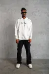 Oversize Üç İplik Şardonlu Kapüşonlu Sweatshirt – Beyaz “Other Lives” Ön Ve Arka Baskılı, Kanguru Cepli, Ribanalı Rahat Kışlık Model Beyaz-3