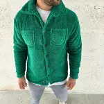 Erkek Pelüş Polar Hırka Gömlek – Yakalı, İlik Düğmeli, Göğüs Cepli, Yumuşak Dokulu Kışlık Regular Fit Rahat Günlük Model - Çimen Yeşili-3