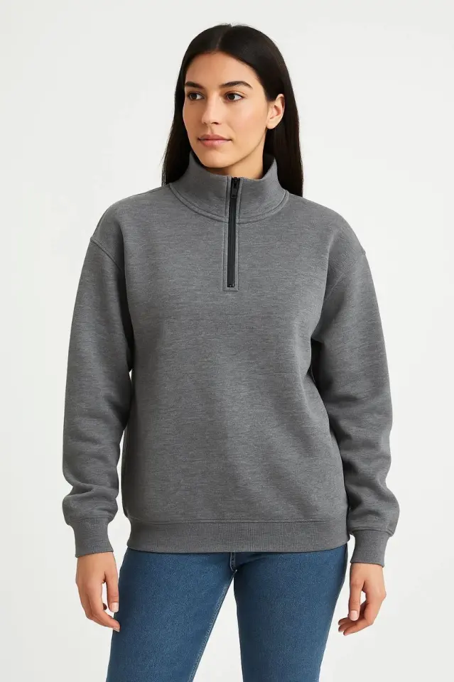 Üç İplik Dık Yaka Yarım Fermuarlı SweatShirt - Antrasit