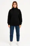 Üç İplik Dık Yaka Yarım Fermuarlı SweatShirt - Siyah-2