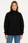 Üç İplik Dık Yaka Yarım Fermuarlı SweatShirt - Siyah-4