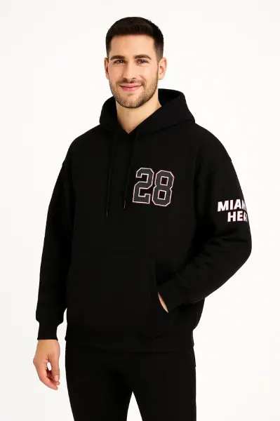 Üç İplik Kapüşonlu Ön Ve Arka Baskılı SweatShirt Hoodie - Siyah