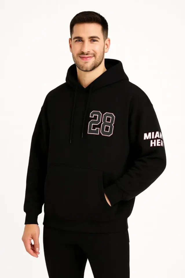 Üç İplik Kapüşonlu Ön Ve Arka Baskılı SweatShirt Hoodie - Siyah