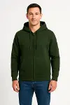 Erkek Üç İplik Kapüşonlu Tam Fermuarlı Kanguru Çepli SweatShirt Hoodie - Haki-4