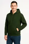 Erkek Üç İplik Kapüşonlu Tam Fermuarlı Kanguru Çepli SweatShirt Hoodie - Haki-1