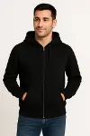 Erkek Üç İplik Kapüşonlu Tam Fermuarlı Kanguru Çepli SweatShirt Hoodie - Siyah-2