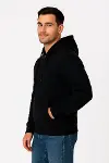 Erkek Üç İplik Kapüşonlu Tam Fermuarlı Kanguru Çepli SweatShirt Hoodie - Siyah-3