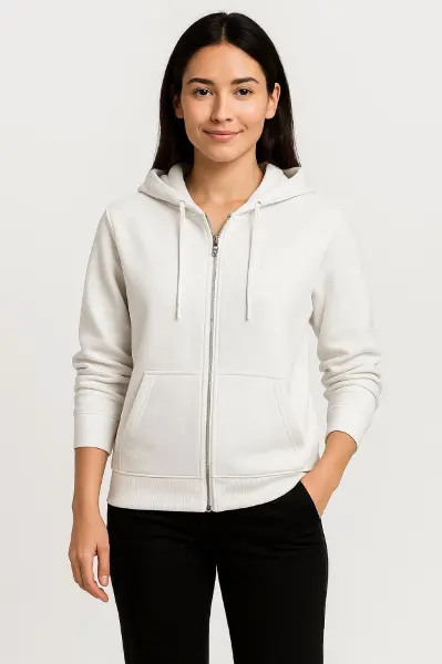 Üç İplik Kapüşonlu Tam Fermuarlı Kanguru Çepli SweatShirt Hoodie - Beyaz
