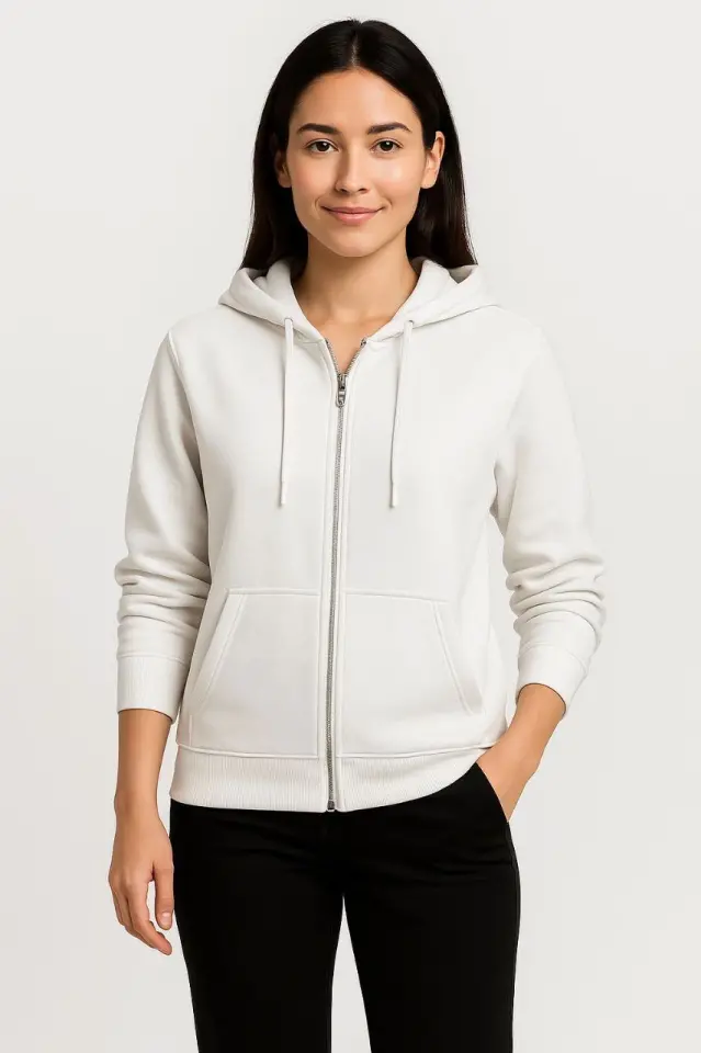 Üç İplik Kapüşonlu Tam Fermuarlı Kanguru Çepli SweatShirt Hoodie - Beyaz