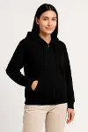 Üç İplik Kapüşonlu Tam Fermuarlı Kanguru Çepli SweatShirt Hoodie - Siyah-1