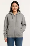 Üç İplik Kapüşonlu Tam Fermuarlı Kanguru Çepli SweatShirt Hoodie - Gri-1