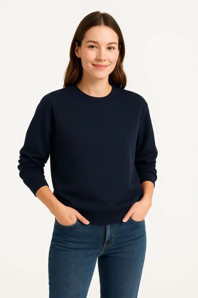 Üç İplik Düz Bisiklet Yaka SweatShirt - Lacivert