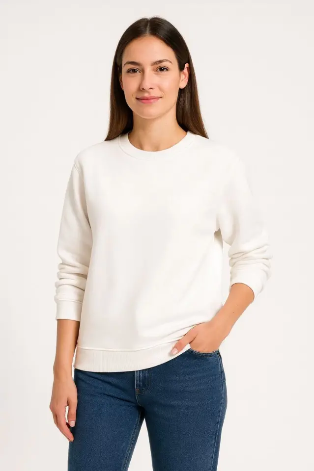 Üç İplik Düz Bisiklet Yaka SweatShirt - Beyaz