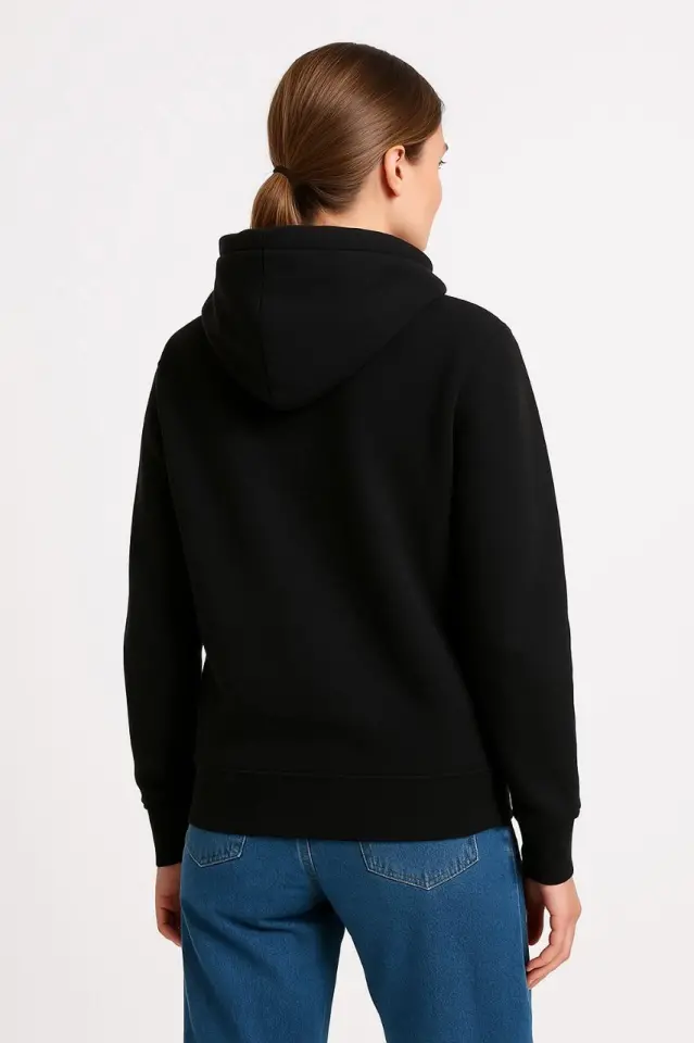 Üç İplik Kapüşonlu Kanguru Çepli SweatShirt Hoodie - Siyah-2 Üç İplik Kapüşonlu Kanguru Çepli SweatShirt Hoodie - Siyah-2