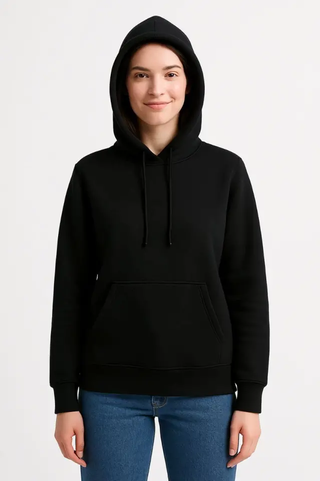 Üç İplik Kapüşonlu Kanguru Çepli SweatShirt Hoodie - Siyah-3 Üç İplik Kapüşonlu Kanguru Çepli SweatShirt Hoodie - Siyah-3