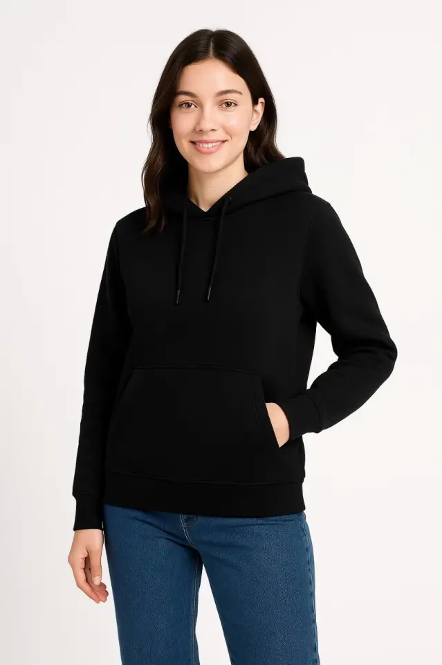 Üç İplik Kapüşonlu Kanguru Çepli SweatShirt Hoodie - Siyah-4 Üç İplik Kapüşonlu Kanguru Çepli SweatShirt Hoodie - Siyah-4