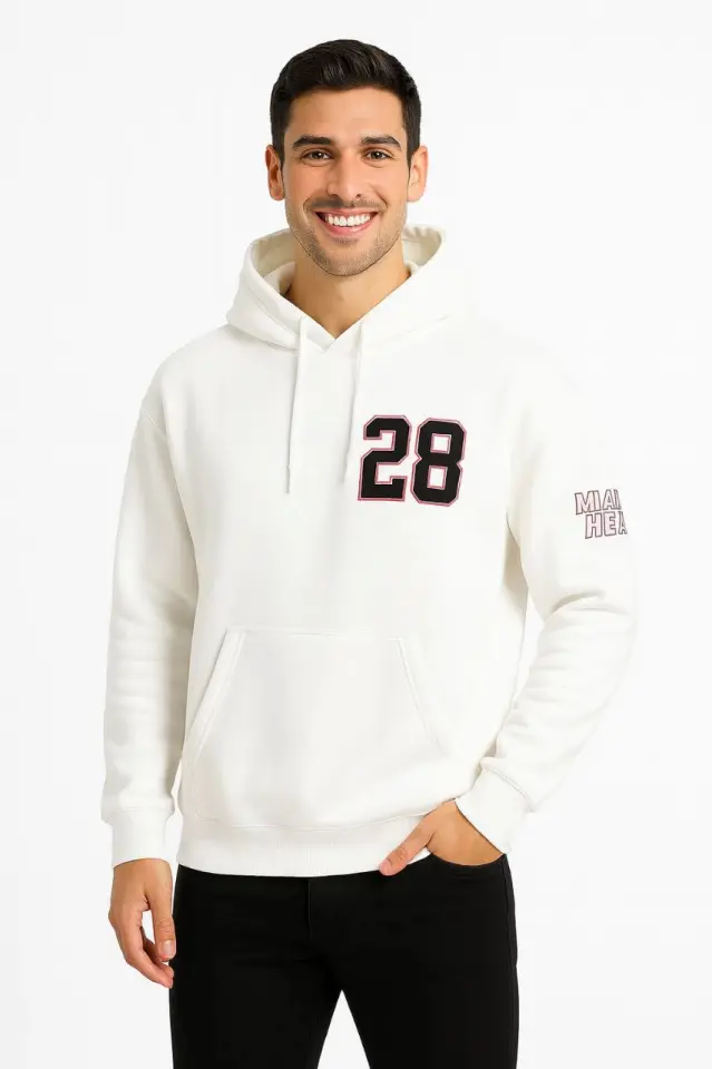 Üç İplik Kapüşonlu Ön Ve Arka Baskılı SweatShirt Hoodie - Beyaz