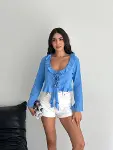 Keten Uzun Kol Bağacık Detaylı Bluz - Mavi-3