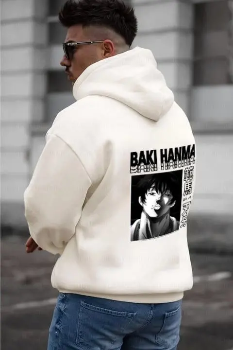 Erkek Baskılı Kapüşonlu Ve Kordon İpli Sweat - Beyaz
