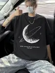 Baskılı Oversize Bisiklet Yaka T-shirt - Siyah-2