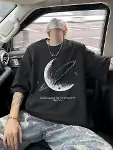 Baskılı Oversize Bisiklet Yaka T-shirt - Siyah-1