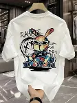 Baskılı Oversize Bisiklet Yaka T-shirt - Beyaz-1
