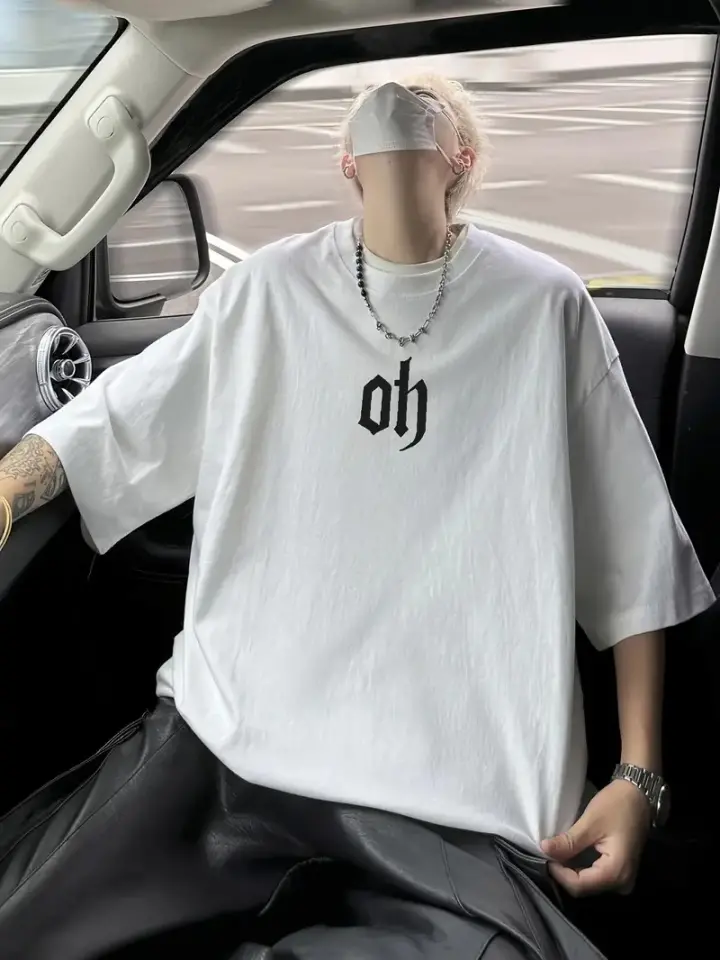 Baskılı Oversize Bisiklet Yaka T-shirt - Beyaz