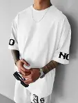 Baskılı Oversize Bisiklet Yaka T-shirt - Beyaz-2