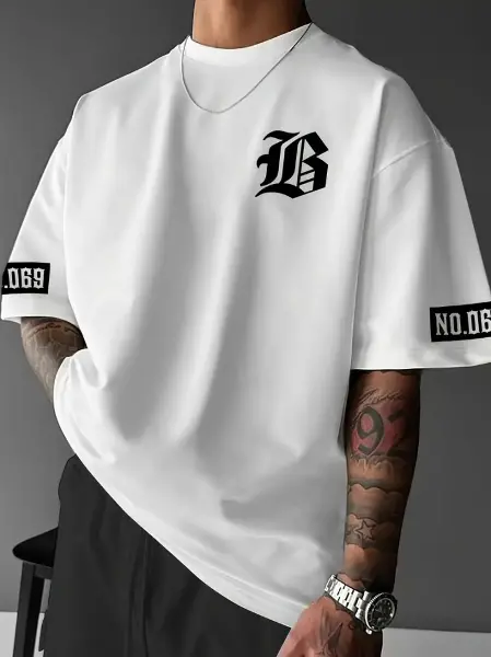 Baskılı Oversize Bisiklet Yaka T-shirt - Beyaz