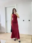 Kolsuz Büzgülü Uzun Elbise - Kırmızı-4