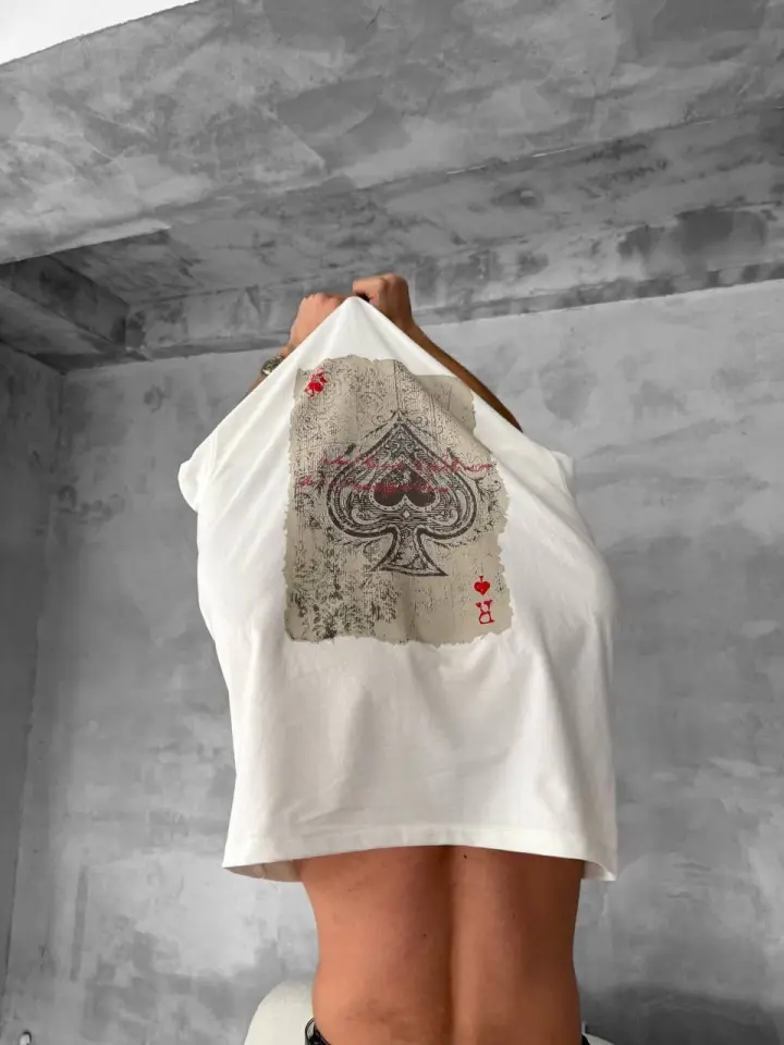 Erkek Ön Ve Arka Baskılı Oversize Bisiklet Yaka T-shirt - Beyaz-2