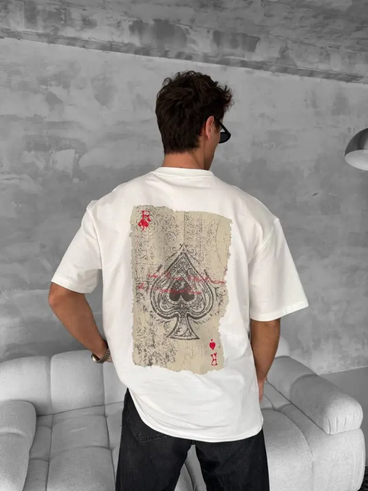 Erkek Ön Ve Arka Baskılı Oversize Bisiklet Yaka T-shirt - Beyaz-3