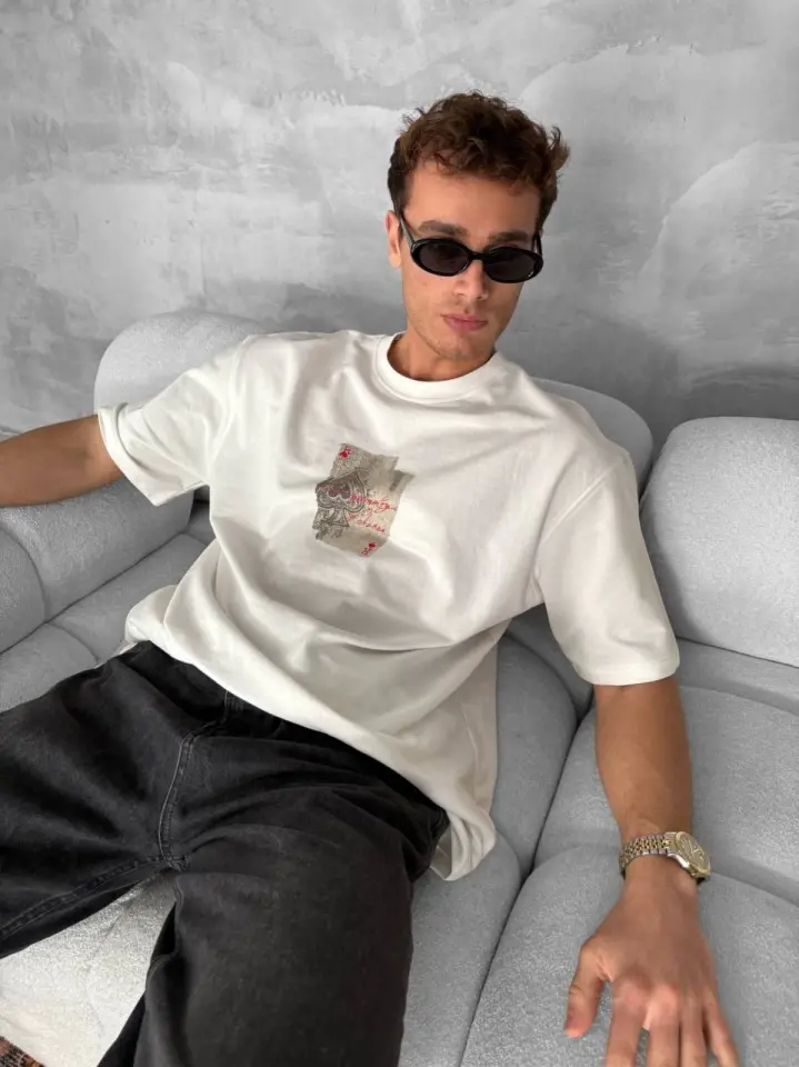 Erkek Ön Ve Arka Baskılı Oversize Bisiklet Yaka T-shirt - Beyaz-4