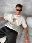 Erkek Ön Ve Arka Baskılı Oversize Bisiklet Yaka T-shirt - Beyaz-4