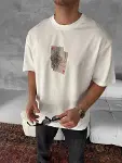 Erkek Ön Ve Arka Baskılı Oversize Bisiklet Yaka T-shirt - Beyaz-1
