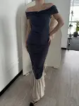 Striptiz Omuzlu Uzun Elbise- Füme-4